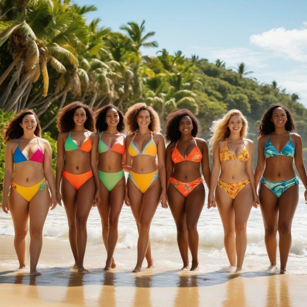 A diverse group of confident individuals showcasing striking swimwear on a sunny beach, with waves crashing in the background. They radiate natural beauty, highlighting unique body types and styles, surrounded by vibrant tropical flora. The scene captures joy and empowerment, with bright colors emphasizing a lively atmosphere. perfect lighting to reflect a sunny day. super-realistic. vibrant colors.